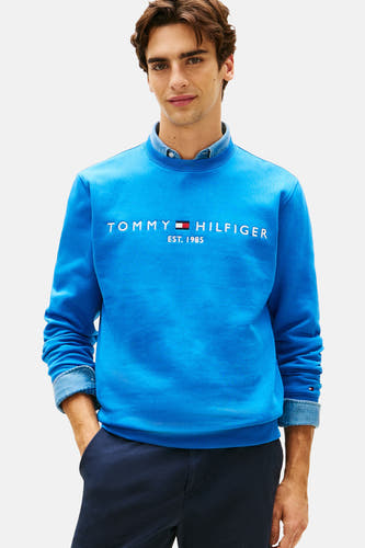 Blauwe sweater met ronde hals van Tommy Hilfiger, gedragen over een denim shirt met marineblauwe broek.