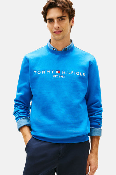 Blauwe sweater met ronde hals van Tommy Hilfiger, gedragen over een denim shirt met marineblauwe broek.
