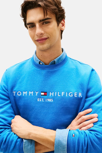 Blauwe sweater met ronde hals van TOMMY HILFIGER, met opdruk en lange mouwen, gedragen over een denim overhemd.