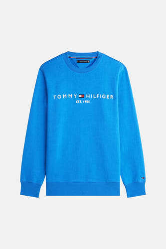 Blauw sweater met ronde hals van Tommy Hilfiger, met witte logo-opdruk op de borst.