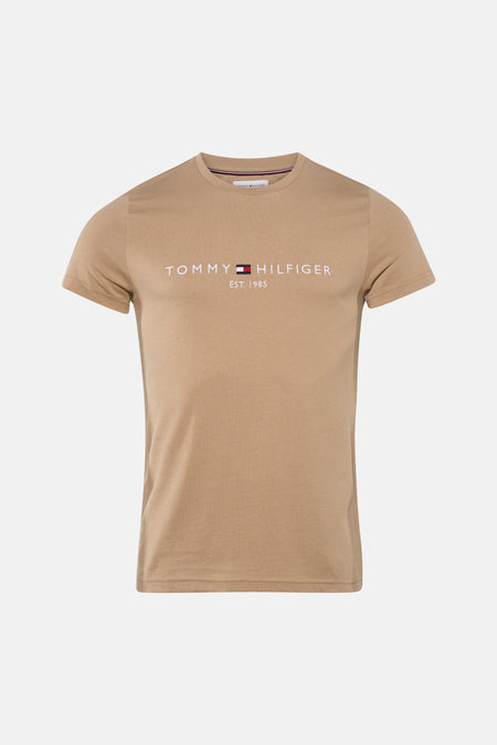 Beige korte mouw T-shirt van TOMMY HILFIGER met wit logo en gestreepte kraag, front view