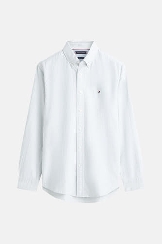 Groen gestreept overhemd met lange mouwen van TOMMY HILFIGER, met een geborduurd logo op de borst.