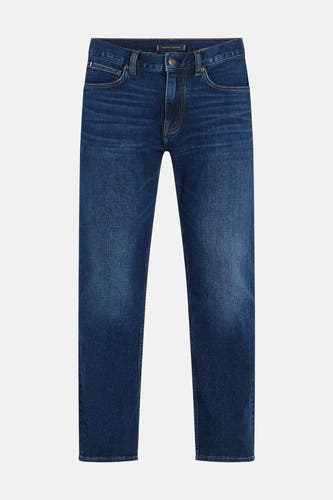 Rechte donkerblauwe denim jeans van TOMMY HILFIGER, met lichte wassing en bruine stiksels.