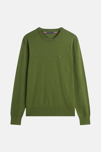 Groene trui met ronde hals van Tommy Hilfiger, met fijngebreide textuur en klein logo op de borst.