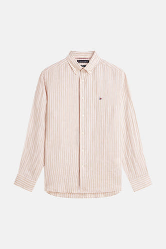 Beige overhemd met lange mouwen van TOMMY HILFIGER, met een gestreept patroon en knoopsluiting.