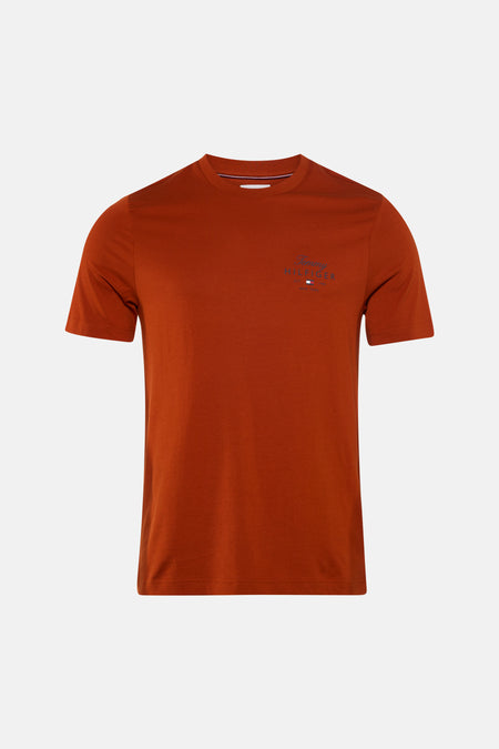Oranje korte mouwen T-shirt van TOMMY HILFIGER met klein logo op borst, ronde hals en gestreepte bies aan kraag, front view