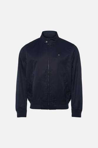 Donkerblauwe korte jas van TOMMY HILFIGER met rits, standaard kraag en ribboorden aan mouwen en zoom, front view