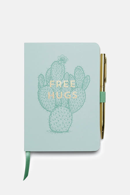 Carnet de notes bleu DESIGNWORKWORK INK avec IN accents accents et et imprim c cactus,, compris une pen dorée et un marque-page vert.