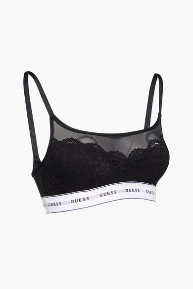 Zwarte beha van Guess met kant, mesh details en witte band met logo.
