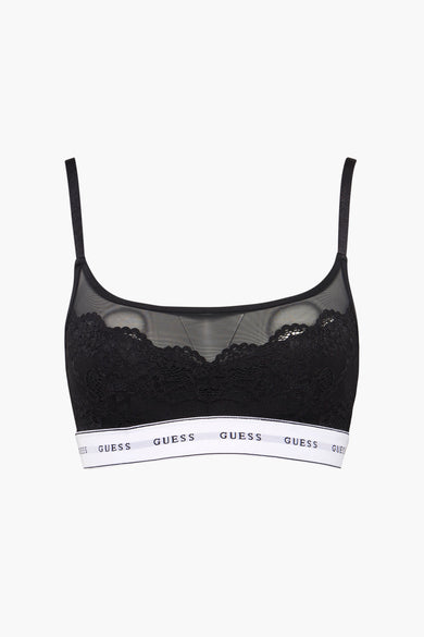 Zwarte beha van Guess met kanten details en een elastische band met logo.
