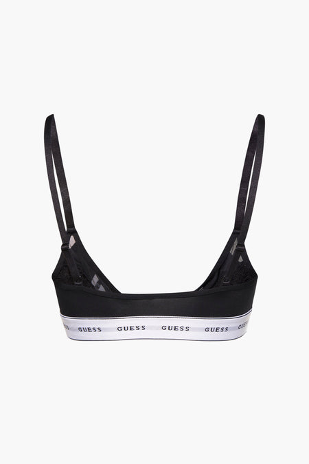 Zwarte beha van Guess met een elastische band met het logo, doorschijnende details.
