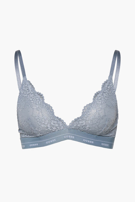 Blauwe beha van Guess, met kanten details en een band met logo.

