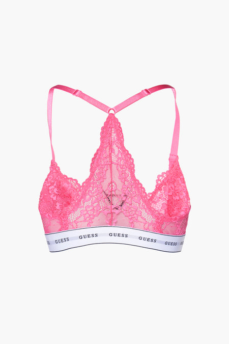 Roze beha van Guess, met kanten details en een witte elastische band met logo.
