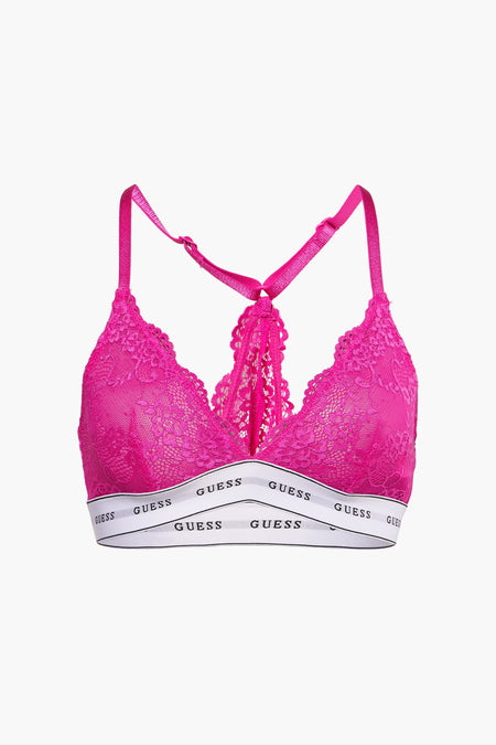 Roze kanten beha van Guess, met racerback-stijl en elastische band met logo.
