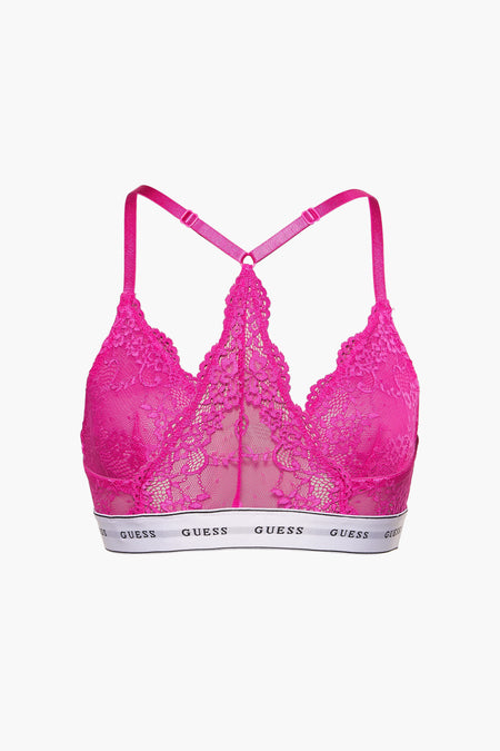 Roze beha van Guess, met kanten details en een elastische band met logo-opdruk.
