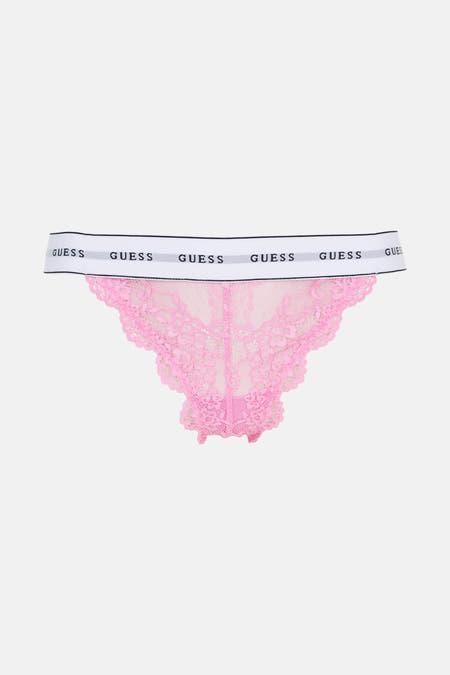 Roze slip van Guess met kanten details en elastische tailleband met logo.
