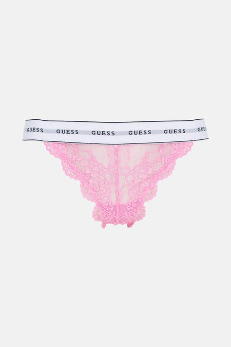 Roze slip van Guess met kanten details en elastische tailleband met logo.
