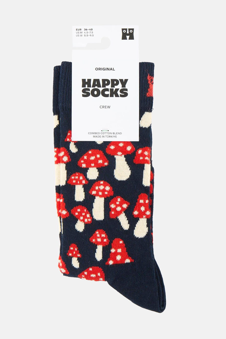 Blauwe crew sokken van gekamd katoen van Happy Socks met een rood-witte paddestoelprint.
