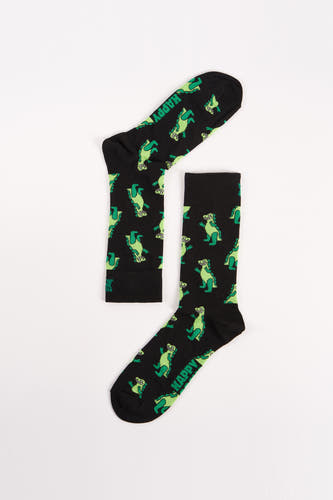 Zwarte sokken van Happy Socks met een groen dinosauruspatroon en het woord "HAPPY".
