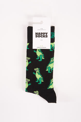 Zwarte sokken van Happy Socks met een groene dinosauruspatroon tegen een witte achtergrond.