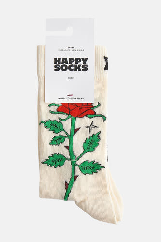 Ecru sokken van Happy Socks met een rozenprint en groene stengel met doornen.