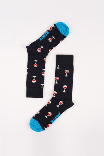 Blauwe sokken van Happy Socks® met rode wijnglazen en het woord "HAPPY" erop.