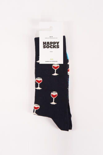 Blauwe sokken van Happy Socks met een patroon van rode wijnglazen.
