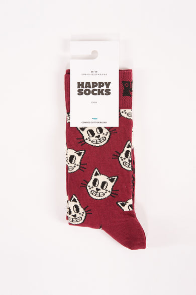 Donkerrode sokken met katmotief van Happy Socks, gebreid in katoenmix, crew lengte, op witte achtergrond
