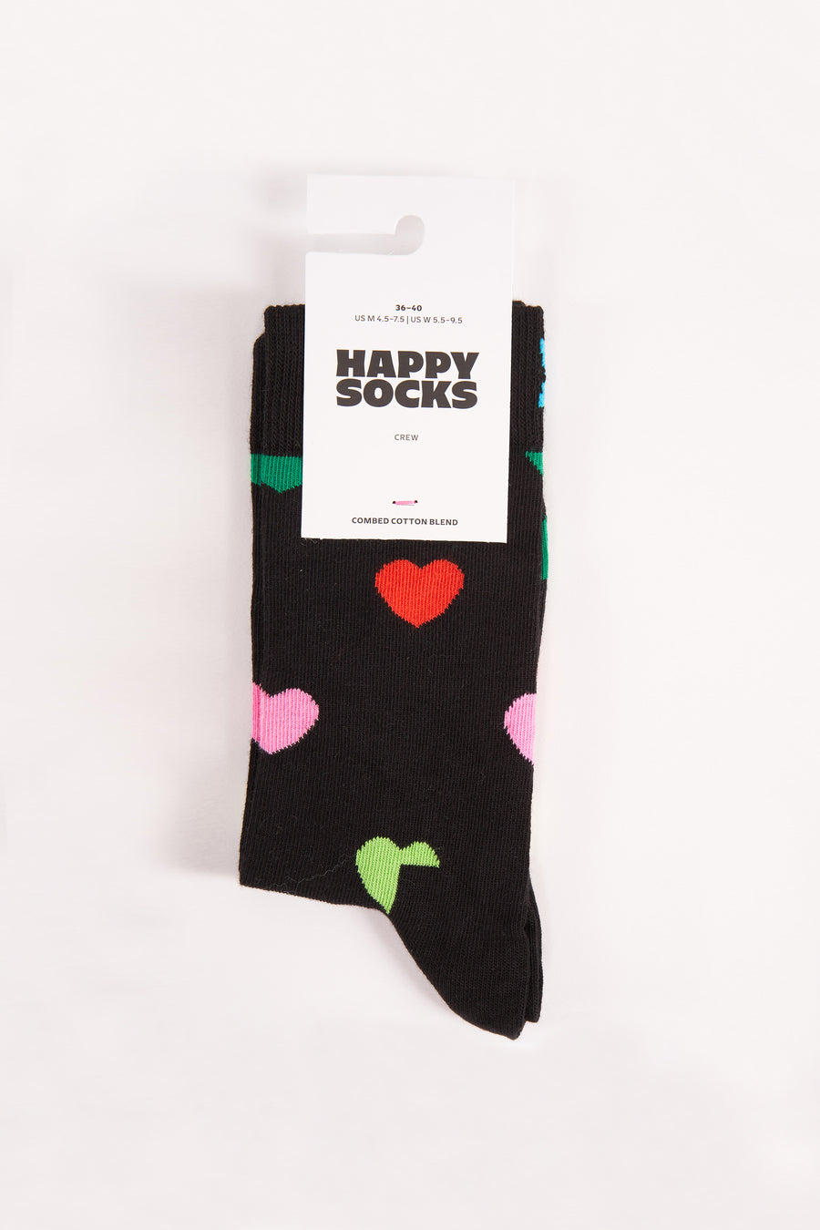 Zwarte sokken van Happy Socks met kleurrijke harten als decoratief motief, inclusief productkaartje.