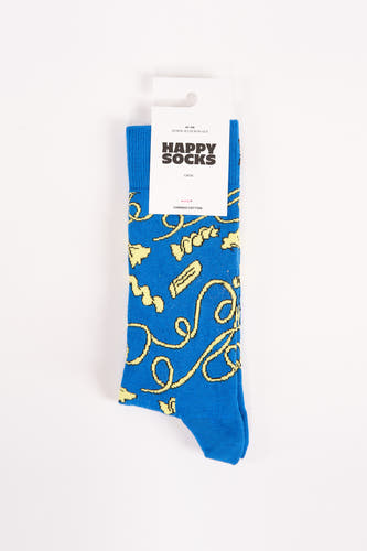 Chaussettes bleues de Happy Socks avec un motif jaune de boucles et d'objets.