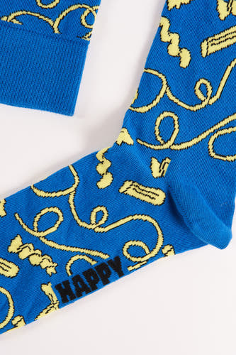 Chaussettes bleues de Happy Socks avec un motif joyeux de bonbons jaunes et de lettres noires.