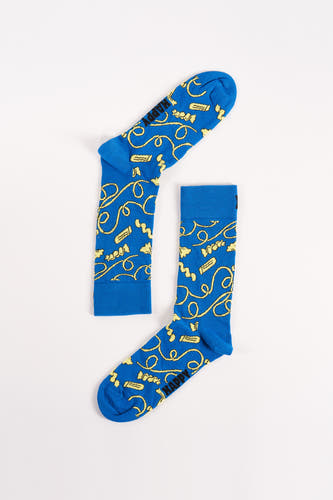 Chaussettes bleues Happy Socks® avec un motif ludique de boucles jaunes et d'objets.