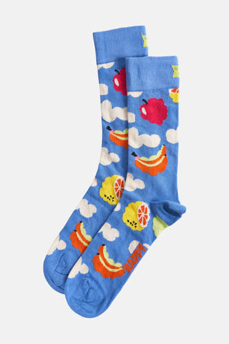Chaussettes bleues de Happy Socks® avec un motif de fruit et des nuages blancs.