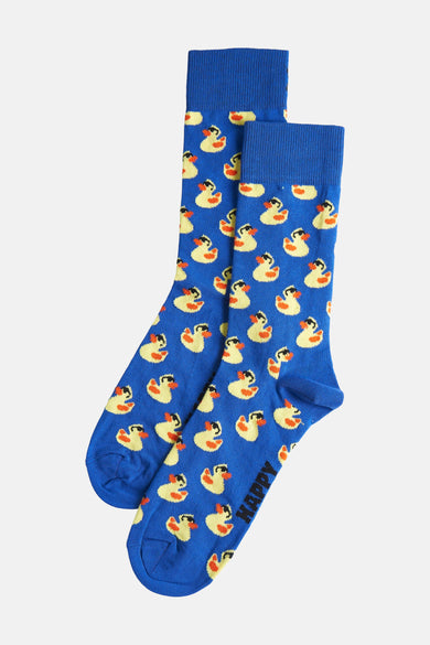 Blauwe sokken van Happy Socks met een gele rubber eendjes patroon.
