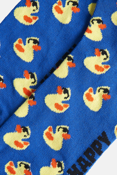 Blauwe sokken van Happy Socks met een patroon van gele eendjes met oranje snavels en zwarte details.