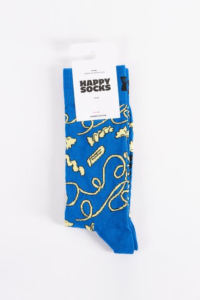 Chaussettes bleues avec des motifs jaunes de Happy Socks, avec des motifs de pizza, de spaghetti et de popcorn jaunes.