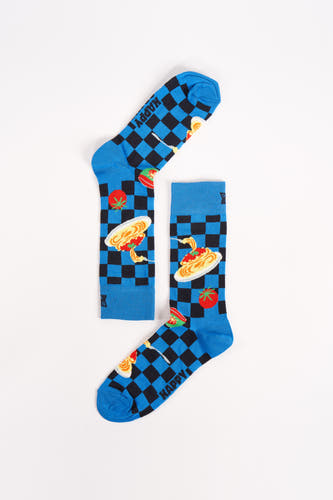 Chaussettes bleues de Happy Socks avec un motif de damier et des images de spaghetti et de tomates.