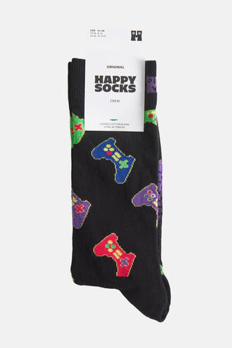 Chaussettes noires de Happy Socks avec un motif de manette de jeu coloré.