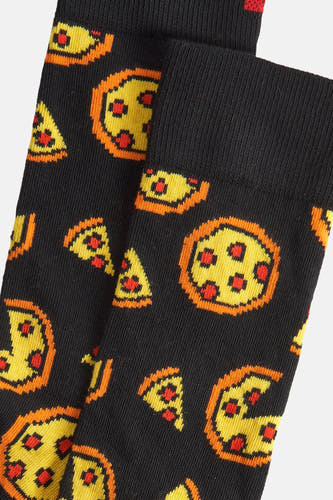 Chaussettes noires de Happy Socks avec un motif pizza pixelisée.