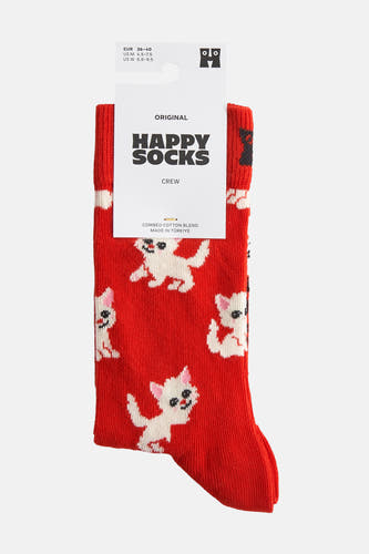 Rode sokken van Happy Socks met witte katjes en een geribbelde textuur.