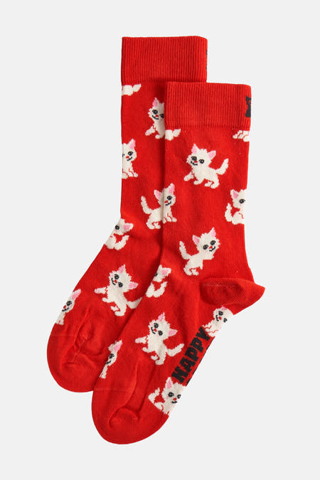 Chaussettes rouges de Happy Socks avec un motif de chat amusant.