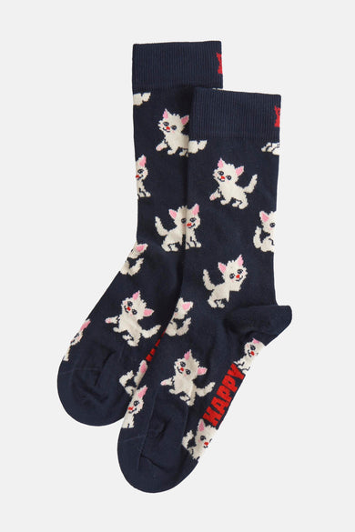Blauwe sokken van Happy Socks met witte katjes en rode tekst.