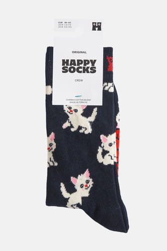 Chaussettes bleues avec imprimé de chat de Happy Socks, en une texture côtière et des accents rouges.