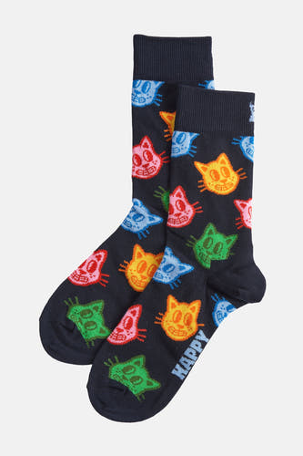 Chaussettes bleues Happy S S® avec un im im de deages de chats colorés.