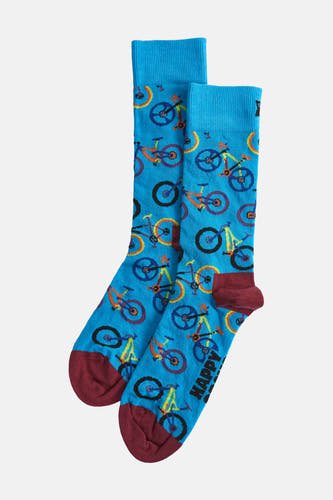 Chaussettes bleues de Happy Socks avec un motif de vélo coloré et des détails bordeaux aux orteils.