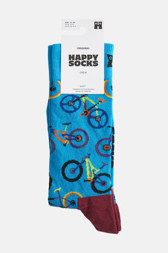 Blauwe sokken van Happy Socks met een kleurrijk fietsenpatroon en bordeauxrode details aan de teen.