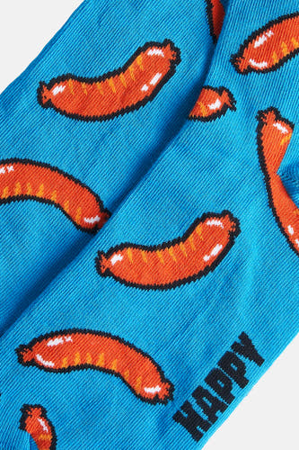 Chaussettes bleues de Happy Socks® avec un motif de saucisse et le texte "HAPPY".