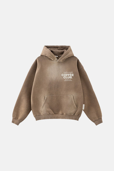 Bruine hoodie van ANOTHER COTTON LAB met "Another Coffee Club" print en een buidelzak.