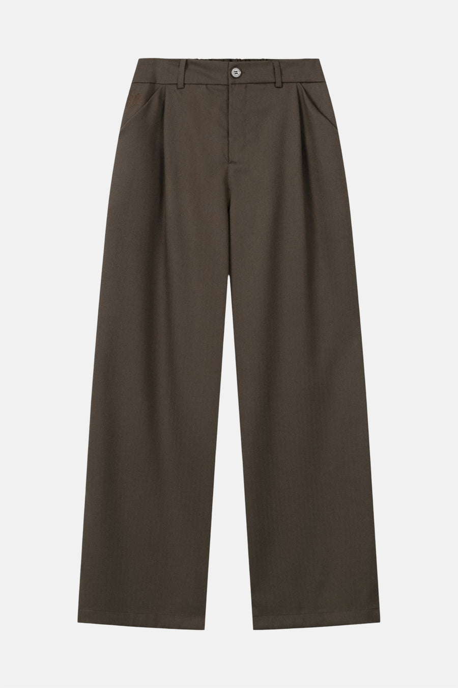 Bruine broek van ANOTHER COTTON LAB, met wijde pijpen en plooien aan de voorkant.
