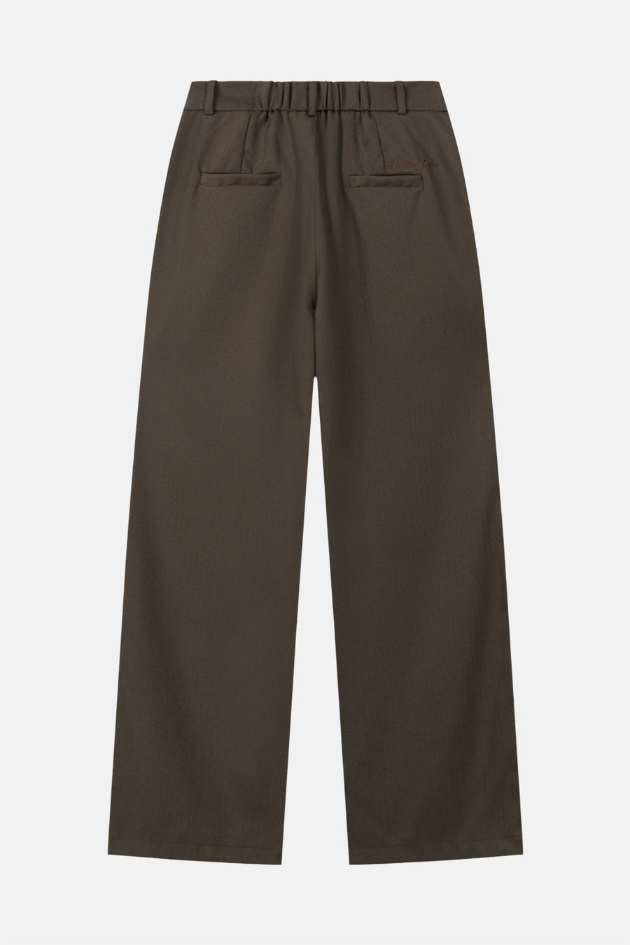 Bruine broek van ANOTHER COTTON LAB, met elastische tailleband en paspelzakken op de achterkant.